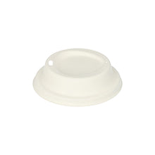 The PAPSTAR 50 dome lid, sugarcane "pure", round and white (2.5 cm), made from eco-friendly sugarcane by PAPSTAR GmbH, ideal for catering businesses and photographed on a white background with a raised center and two drinking openings.