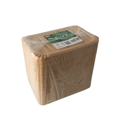 A stack of square, environmentally friendly PAPSTAR 250 "pure" white paper plates from PAPSTAR GmbH, made from fresh fiberboard and packed in clear plastic with green-white top label.
