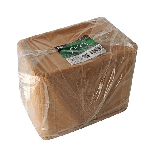 A rectangular stack of PAPSTAR 250 "pure" white, square paper plates from PAPSTAR GmbH, packed in clear plastic with green label - an ideal environmentally friendly choice for your next eco-conscious event.