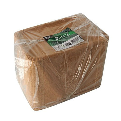 A rectangular stack of PAPSTAR 250 "pure" white, square paper plates from PAPSTAR GmbH, packed in clear plastic with green label - an ideal environmentally friendly choice for your next eco-conscious event.