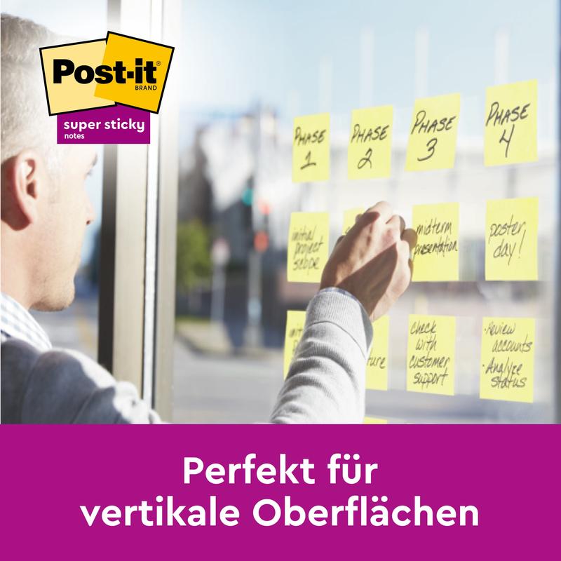 A person sticks yellow Post-it® Super Sticky Z-Notes, 76 mm x 127 mm, from 3M Deutschland GmbH on a glass window with the inscriptions "Phase 1", "Phase 2" and "Phase 3". Below it says: "Perfect for vertical surfaces.