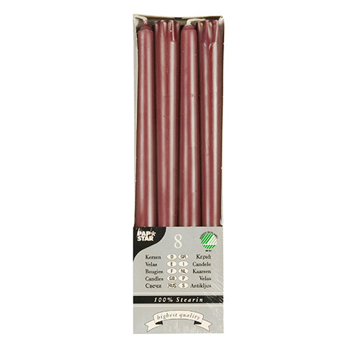A pack of 8 PAPSTAR taper candles (Ø 2.2 cm, 25 cm) made of 100% stearin, with a long burning time, in a rectangular box with multilingual labeling.