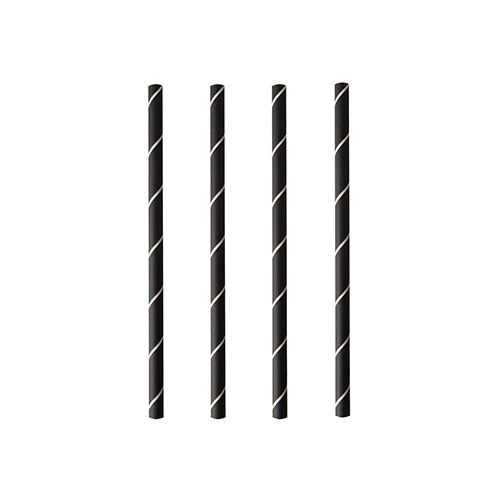 Vier PAPSTAR Cocktail Papierstrohhalme (schwarz/weiß "Stripes", Ø 7 mm, 15 cm) der Marke PAPSTAR GmbH stehen gleichmäßig und vertikal auf weißem Hintergrund verteilt.