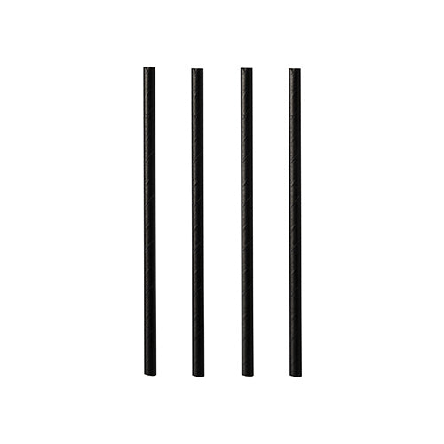 Vier schwarze PAPSTAR 500 Cocktail Trinkhalme, Papier Ø 7 mm · 10 cm, stehen aufrecht in einer Reihe auf weißem Untergrund.