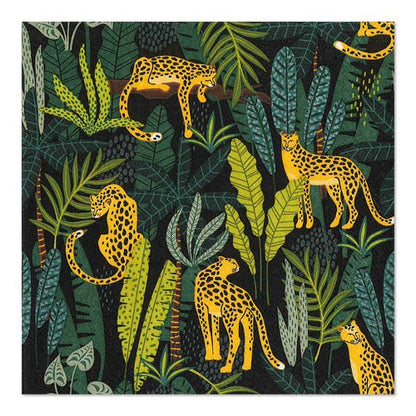 Five yellow cheetahs with black spots amidst lush green leaves on a dark background adorn the PAPSTAR 20 napkins, 33x33 cm, 3-ply 1/4-fold from Design Set 3 of PAPSTAR GmbH.