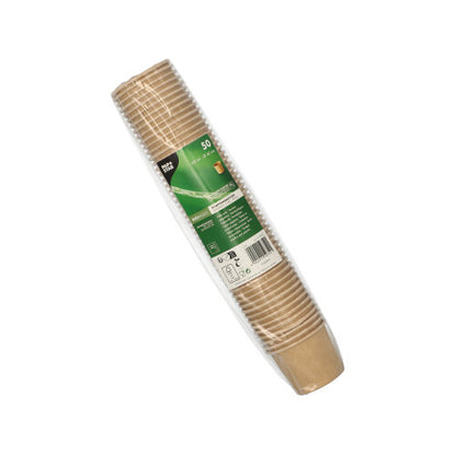 A sealed plastic package with 50 PAPSTAR portion cups, brown cardboard, from PAPSTAR GmbH, with a green-white label with product information and barcode – ideal for catering use. Made from recyclable brown cardboard.