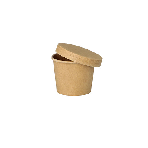 The PAPSTAR 50 portion cups made of brown cardboard from PAPSTAR GmbH, with a matching lid placed at an angle on a white background, are ideal for the catering sector and environmentally friendly as well as recyclable.