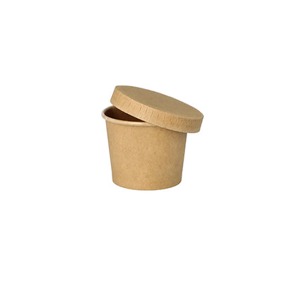 The PAPSTAR 50 portion cups made of brown cardboard from PAPSTAR GmbH, with a matching lid placed at an angle on a white background, are ideal for the catering sector and environmentally friendly as well as recyclable.