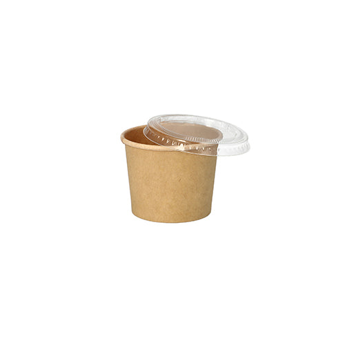 The PAPSTAR 50 portion cup, brown cardboard from PAPSTAR GmbH is a small, recyclable brown cardboard cup with a transparent plastic lid – perfect as an environmentally friendly portion cup for gastronomy, depicted on a white background.