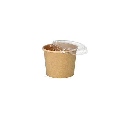 The PAPSTAR 50 portion cup, brown cardboard from PAPSTAR GmbH is a small, recyclable brown cardboard cup with a transparent plastic lid – perfect as an environmentally friendly portion cup for gastronomy, depicted on a white background.