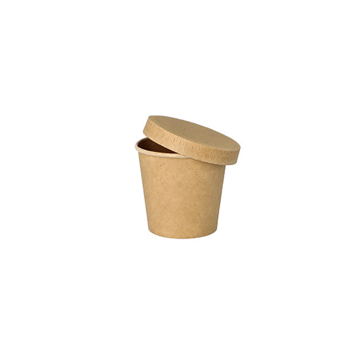 The PAPSTAR 50 portion cup made of brown cardboard from PAPSTAR GmbH is recyclable, with a matching lid and ideal for gastronomy – isolated on a white background.