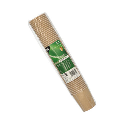 A plastic-wrapped pack of 50 PAPSTAR portion cups made of brown cardboard (PAPSTAR GmbH), with a green label, barcode, and product information. The recyclable cups are stacked – ideal for the catering sector.