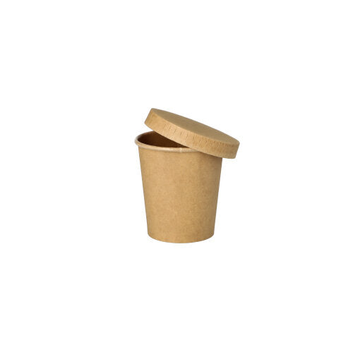 The PAPSTAR 50 portion cups made of brown cardboard from PAPSTAR GmbH, with a matching lid and beveled edge, are presented on a white background – ideal as environmentally friendly portion cups for gastronomy.
