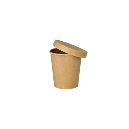 The PAPSTAR 50 portion cups made of brown cardboard from PAPSTAR GmbH, with a matching lid and beveled edge, are presented on a white background – ideal as environmentally friendly portion cups for gastronomy.