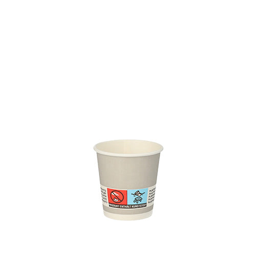 Small silver PAPSTAR paper drinking cup (Ø 5 cm, 20 pieces) from PAPSTAR GmbH with a front label with warning symbols and text on a white background.