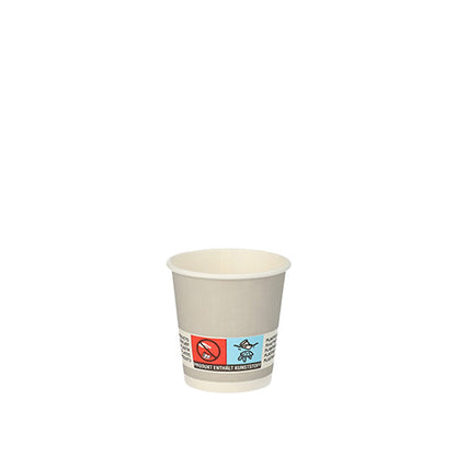Small silver PAPSTAR paper drinking cup (Ø 5 cm, 20 pieces) from PAPSTAR GmbH with a front label with warning symbols and text on a white background.