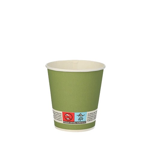 A PAPSTAR GmbH "Whiskey" cardboard drinking cup, dark green, Ø 7.2 cm, with a white interior and a label featuring symbols along the bottom edge. The disposable cup (20 pieces) is shown against a white background.