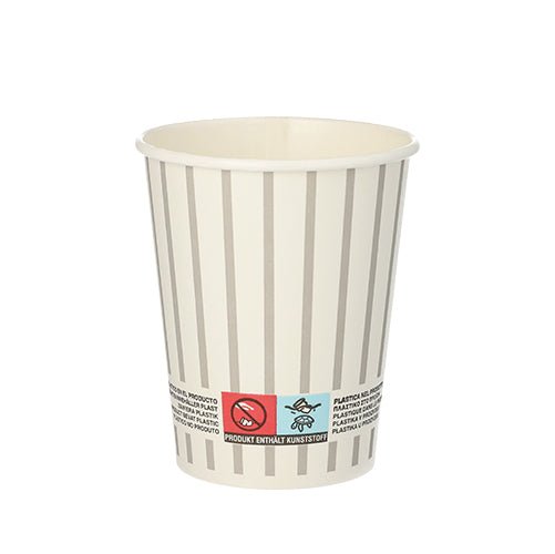 The PAPSTAR 20 drinking cup, cardboard 0.2 l Ø 8 cm from PAPSTAR GmbH is an environmentally friendly disposable cup with vertical beige-white stripes, a multilingual label in the bottom area and stands empty on a white background.