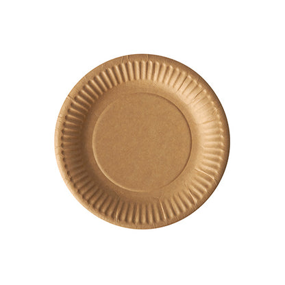 The PAPSTAR 20 plates, cardboard "pure" round by PAPSTAR GmbH is a simple, round brown cardboard plate with a textured edge, made from sustainable materials, depicted from above on a white background.