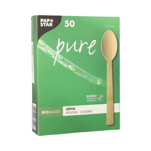 A green box from PAPSTAR GmbH with the inscription "Bamboo Spoon pure" contains 50 environmentally friendly, sturdy disposable spoons (17 cm) in a folding box. The front shows product images and multilingual text.