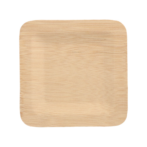 A PAPSTAR 10 plate, bamboo "pure" square from PAPSTAR GmbH, square and light brown with rounded corners, is depicted on a white background. It features a smooth surface with wood grain and is eco-friendly and biodegradable.