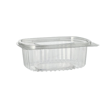 A clear, oval Starpak 50 delicatessen and salad bowl with hinged lid made of eco-friendly R-PET crystal clear plastic with a transparent hinged lid is depicted empty on a plain white background with ribbed sides.