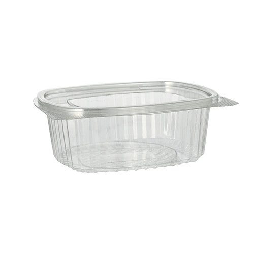 A clear, oval Starpak R-PET delicatessen and salad bowl with hinged lid is depicted empty against a white background. This eco-friendly container features ribbed sides for additional stability.