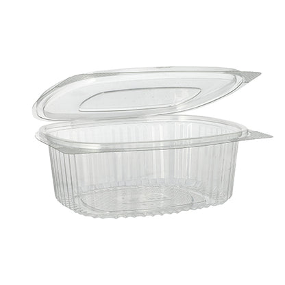 The Starpak 50 delicatessen and salad bowls with hinged lid made of R-PET crystal clear are oval, eco-friendly containers with a hinged lid – ideal for salads and delicacies. They feature rounded edges and vertical grooves on the sides.