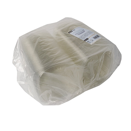 A large stack of Starpak 50 delicatessen and salad bowls with hinged lid, R-PET crystal clear oval, packed in clear foil with a white label on top.