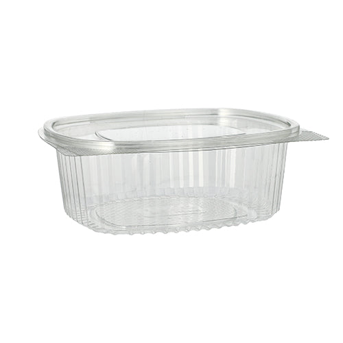 The Starpak 50 delicatessen and salad bowls with hinged lid are transparent, oval containers made of R-PET crystal clear with a hinged lid, gently curved contours, and vertical side ribs for storing salads or delicacies.