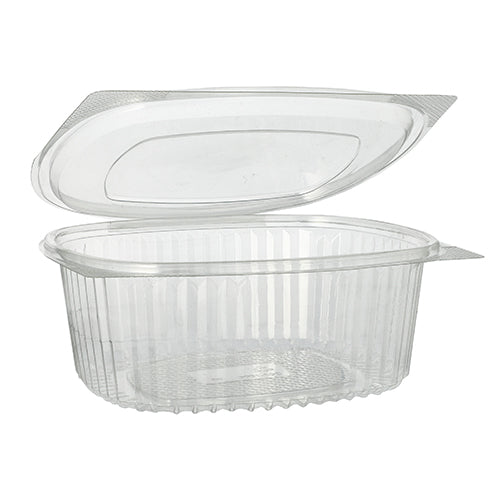 The image shows an opened Starpak 50 delicatessen and salad bowl with hinged lid, R-PET crystal clear oval – a transparent, oval, eco-friendly delicatessen and salad bowl with vertical grooves by the brand Starpak.