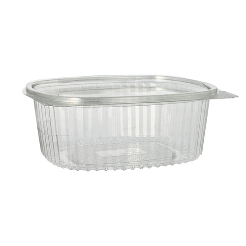 The Starpak 50 delicatessen and salad bowls with hinged lid, R-PET crystal clear oval, are eco-friendly, transparent plastic containers, ideal for salads and delicacies – perfect for sustainable packaging.