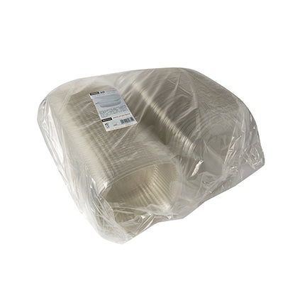 A large stack of Starpak 50 delicatessen and salad bowls with hinged lid, R-PET crystal clear oval, is packed in a transparent packaging with a white label on top – ideal for eco-friendly serving of delicacies and salads.
