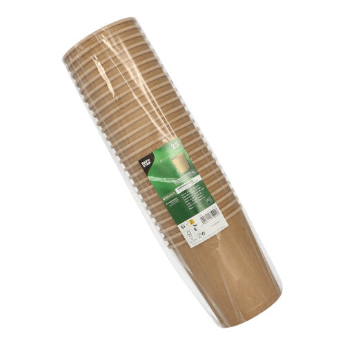 A pack of 25 PAPSTAR round soup cups (11.5 cm, brown, ideal for soups), each 940 ml, stacked and packaged in clear plastic with a green-white label from PAPSTAR GmbH.