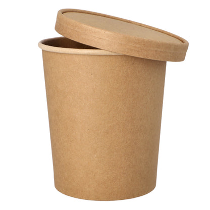 A brown PAPSTAR round soup cup (11.5 cm) with a matching lid, ideal for up to 940 ml of soup or hot drinks. Eco-friendly, 25 pieces per pack, ideal for take-away - from PAPSTAR GmbH.