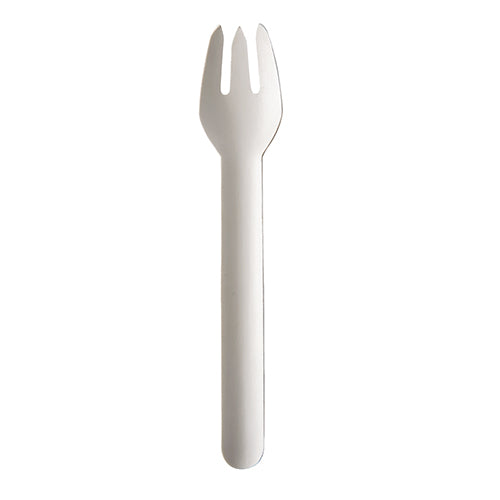 A single white PAPSTAR fork made of paper "pure" (15.5 cm, eco-friendly), by PAPSTAR GmbH, is depicted on a plain white background. The eco-friendly paper utensil has a spoon-shaped bowl with three short fork prongs at the tip.