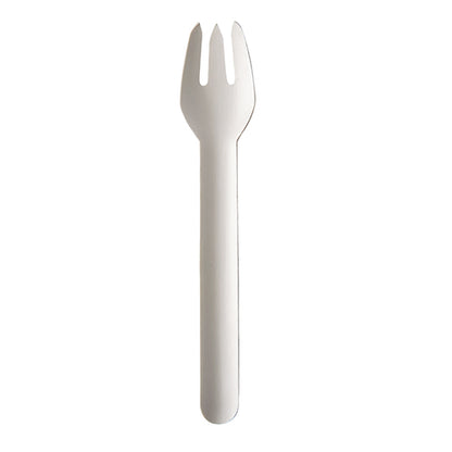 A single white PAPSTAR fork made of paper "pure" (15.5 cm, eco-friendly), by PAPSTAR GmbH, is depicted on a plain white background. The eco-friendly paper utensil has a spoon-shaped bowl with three short fork prongs at the tip.