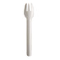 A single white PAPSTAR fork made of paper "pure" (15.5 cm, eco-friendly), by PAPSTAR GmbH, is depicted on a plain white background. The eco-friendly paper utensil has a spoon-shaped bowl with three short fork prongs at the tip.
