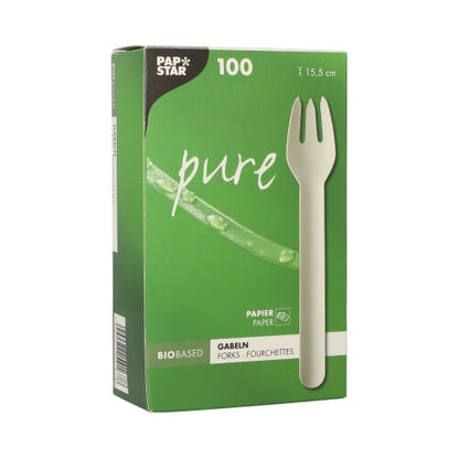 A white box labeled "PAPSTAR pure" from PAPSTAR GmbH contains 100 eco-friendly paper forks (15.5 cm). The package highlights bio-based disposable forks, featuring a fork and a green leaf motif.