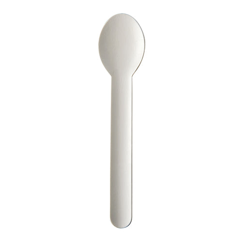 The PAPSTAR GmbH spoon made of paper "pure", 15.5 cm, white, in a box of 100 is an eco-friendly disposable spoon with a flat handle and rounded bowl - ideal for environmentally conscious users.
