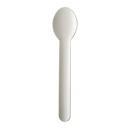 The PAPSTAR GmbH spoon made of paper "pure", 15.5 cm, white, in a box of 100 is an eco-friendly disposable spoon with a flat handle and rounded bowl - ideal for environmentally conscious users.