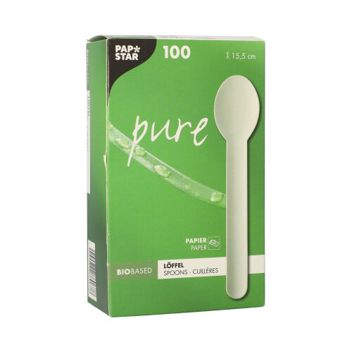 A white box with the label "PAPSTAR Pure" contains 100 eco-friendly disposable spoons made of paper (15.5 cm), all bio-based and manufactured by PAPSTAR GmbH. The front shows a spoon and highlights the eco-friendly paper material.