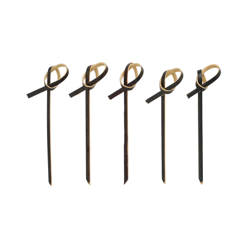 Five PAPSTAR 250 finger food picks from PAPSTAR GmbH in black with light brown bow accents at the top, arranged in a row on a white background.