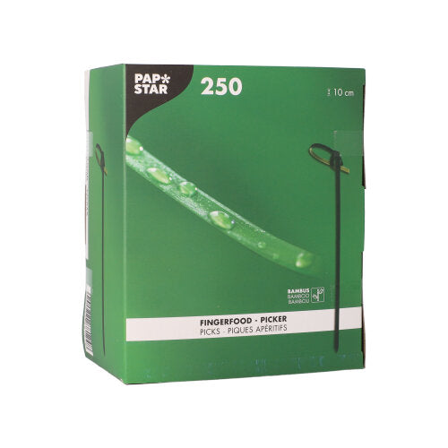 A green-white box of 250 finger food picks from PAPSTAR GmbH contains 250 biodegradable bamboo sticks, each 10 cm long, with a green pick image on the front.