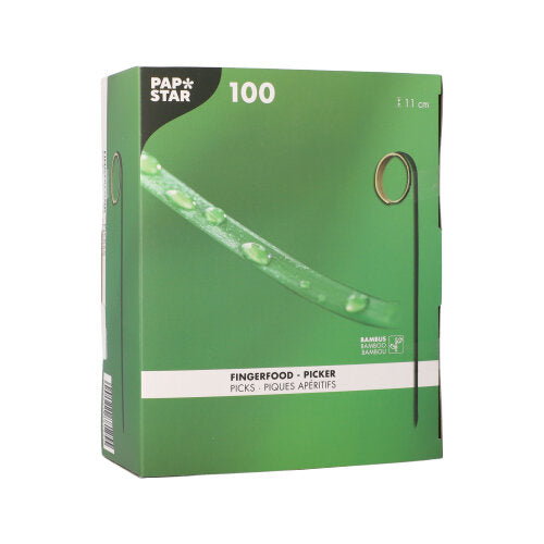 The green box "PAPSTAR 100 Fingerfood - Picker" by PAPSTAR GmbH contains 11 cm long bamboo picks for finger food, is FSC-certified, and shows a bamboo pick with water droplets on the packaging.