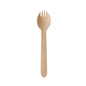 The PAPSTAR wooden spork "pure" (16 cm) by PAPSTAR GmbH, depicted on a white background, combines a spoon and fork with three short tines, offering an eco-friendly alternative to conventional cutlery. Pack of 100 pieces.