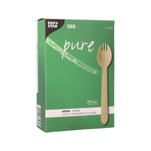 A green box from PAPSTAR GmbH with the inscription "pure" contains 100 eco-friendly wooden sporks (16 cm) in a cardboard tray, with multilingual branding and product information, offering a sustainable alternative to conventional utensils.
