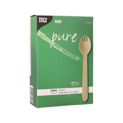 A green box from PAPSTAR GmbH with the inscription "pure" contains 100 eco-friendly wooden sporks (16 cm) in a cardboard tray, with multilingual branding and product information, offering a sustainable alternative to conventional utensils.