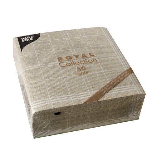 A sealed package of 50 sand-colored PAPSTAR GmbH ROYAL Collection napkins (1/4-fold, 40 x 40 cm) with a subtle grid pattern and labeled envelope.