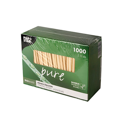 The PAPSTAR 1000 stir sticks, bamboo "pure" from PAPSTAR GmbH come in a green box with 1,000 eco-friendly, bio-based, 11 cm long, biodegradable stir sticks - perfect for sustainable stirring needs.